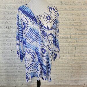 Ana Womens Top 2X Plus Tunic 3/4 Sleeve Blue Tie Dye Lace Up Lightweight TIE15E